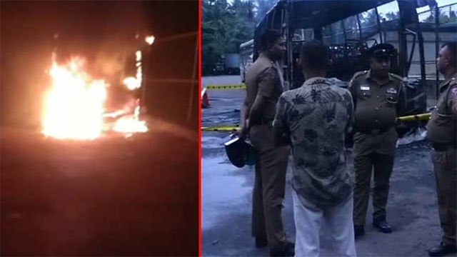 Luxury bus destroyed in suspected arson attack at Kaduwela bus stand