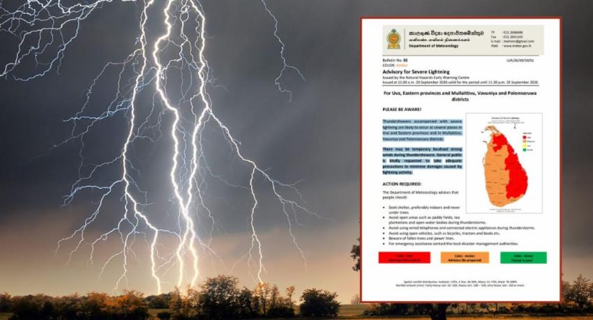 Amber lightning advisory for Uva, the East and three northern districts