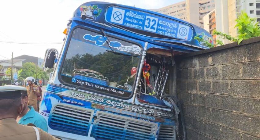 Three injured after Hambantota-Colombo bus crashes into Galle wall; driver suspected to have fallen asleep